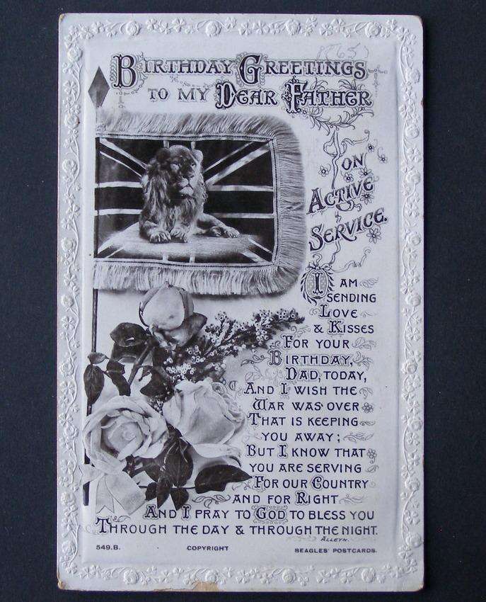 Beagles Embossed POSTCARD - Birthday Greetings to my Dear Father, On Active Service