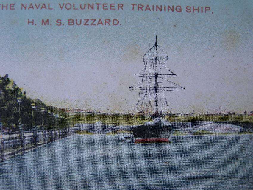G.D.& D.L. POSTCARD - Thames Embankment, London, with HMS Buzzard 1912