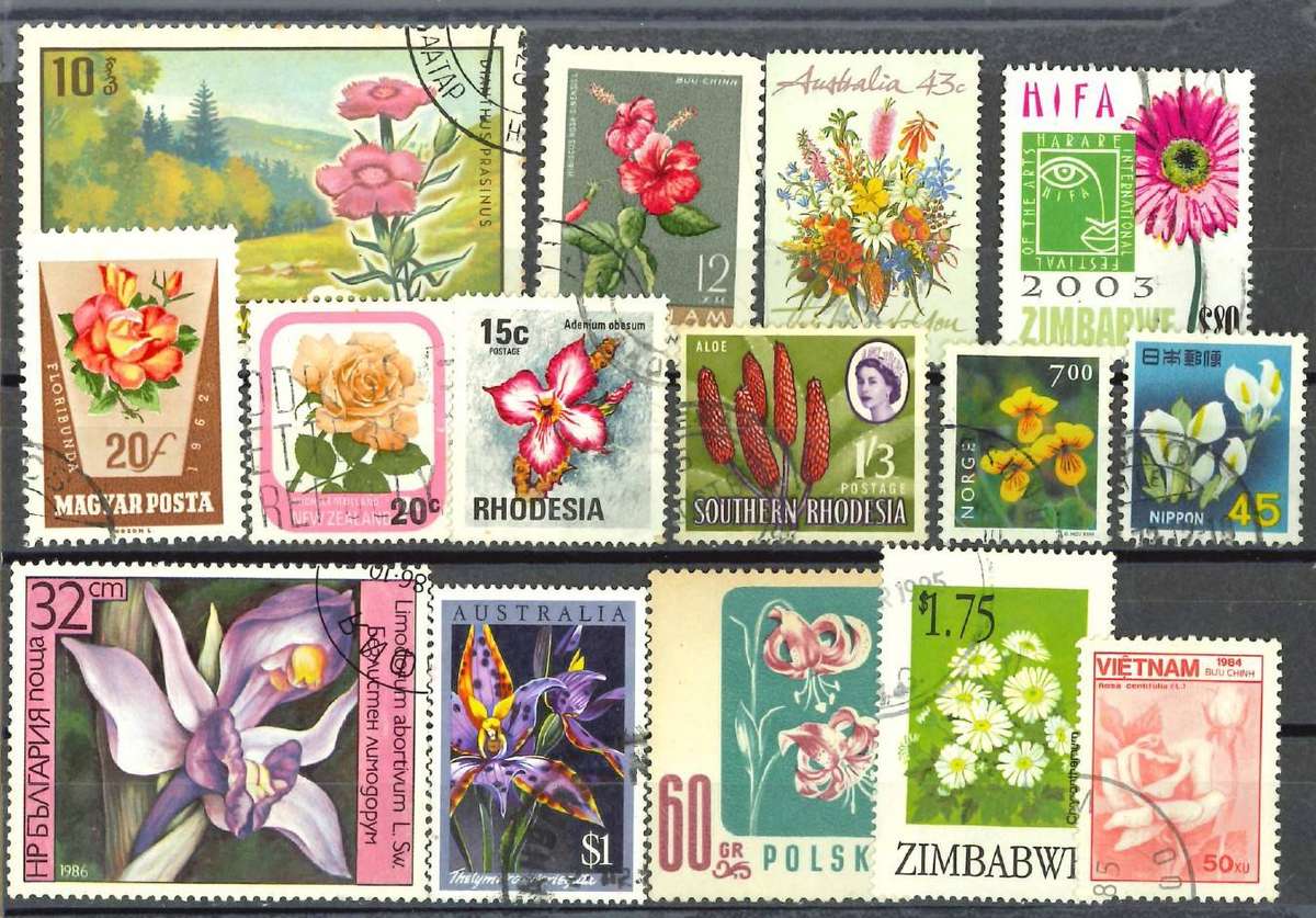 Thematics - 15 Flower Stamps - No Duplicates