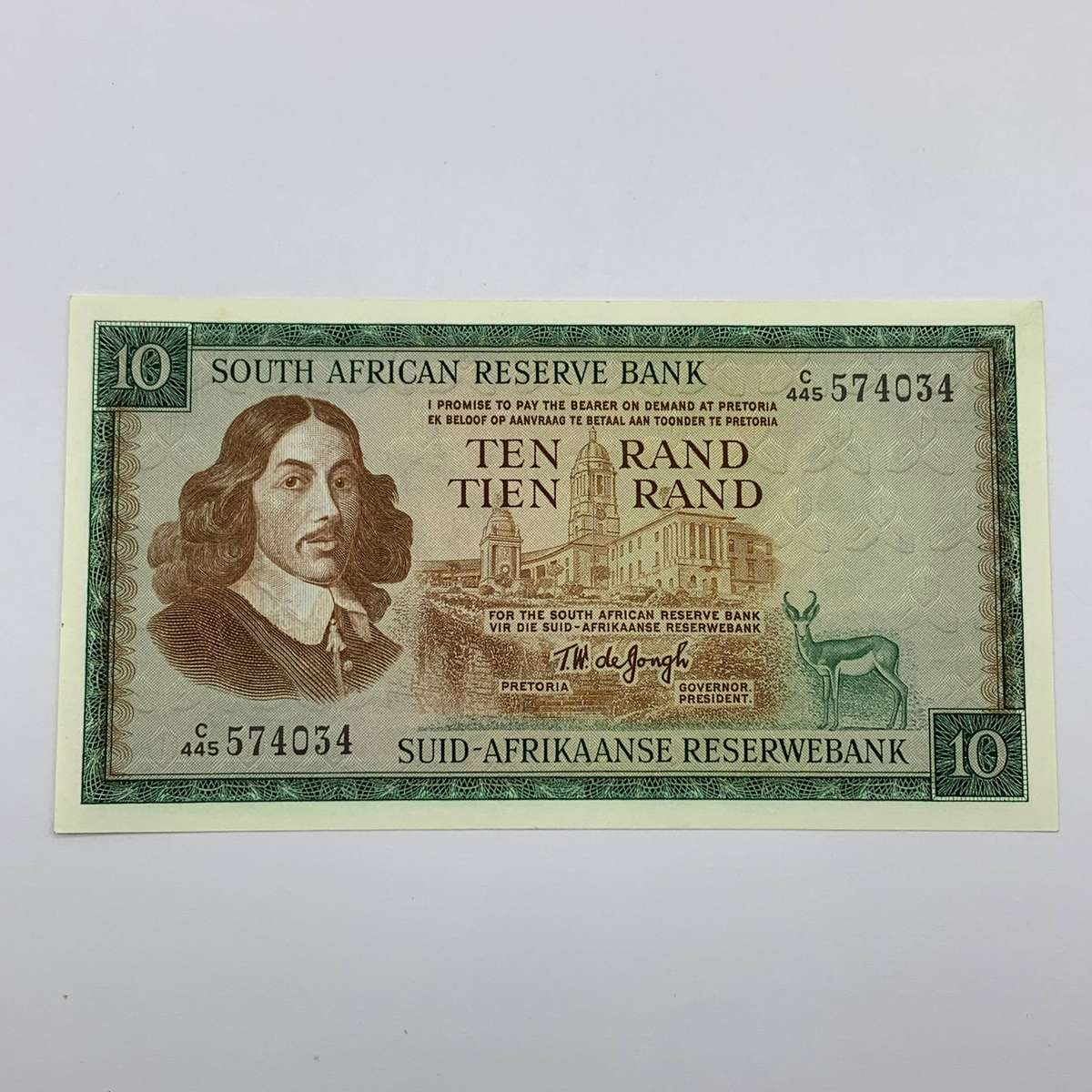 SA  'T.W. De Jongh' (3rd Issue)  Ten Rand 'C445' Note (UNC)