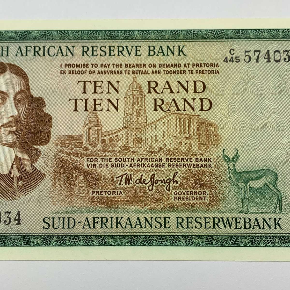SA  'T.W. De Jongh' (3rd Issue)  Ten Rand 'C445' Note (UNC)