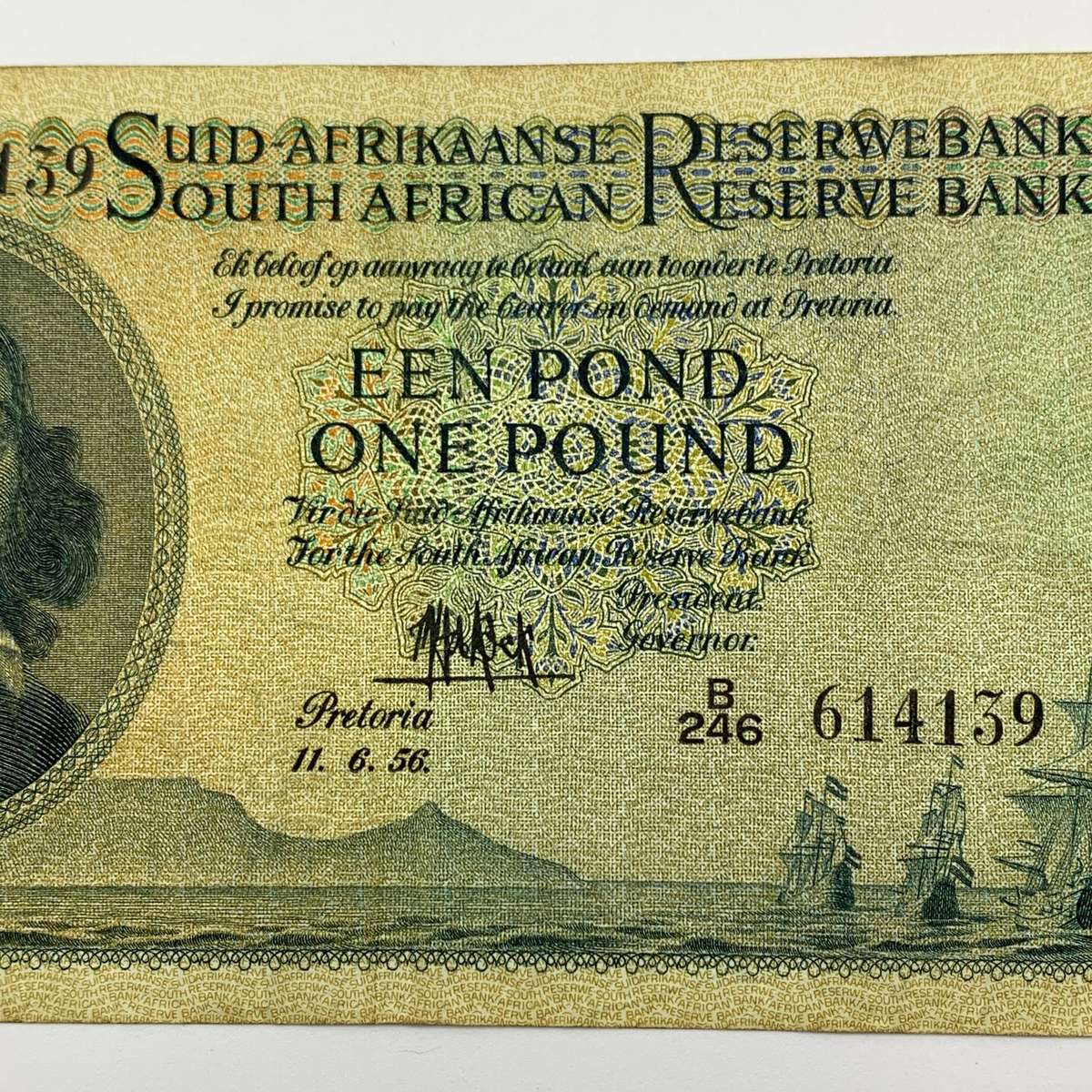 SA  'M.H. De Kock' 1956  One Pound 'B246' Note (A/UNC)