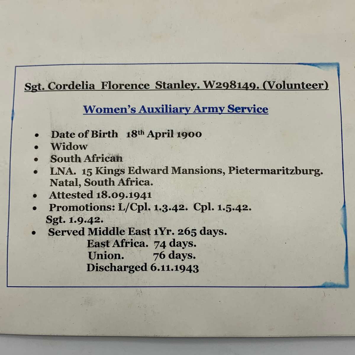 WW2  S.A. Medal Group + Research  'Sgt. C.F. Stanley' (Woman's A.A.S.)