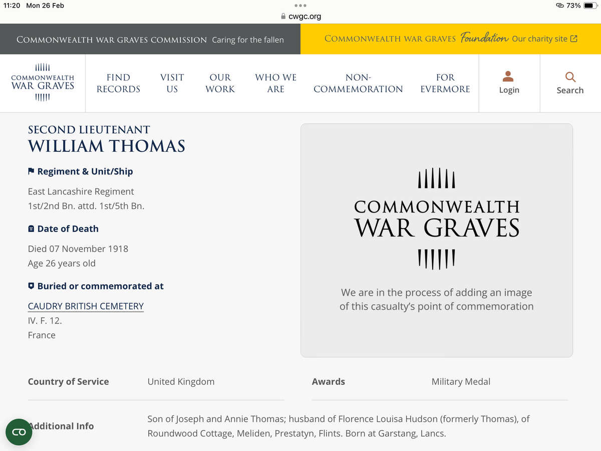 WW1 Casualty  Victory Medal to '2. LIEUT. W. THOMAS' (M.M)