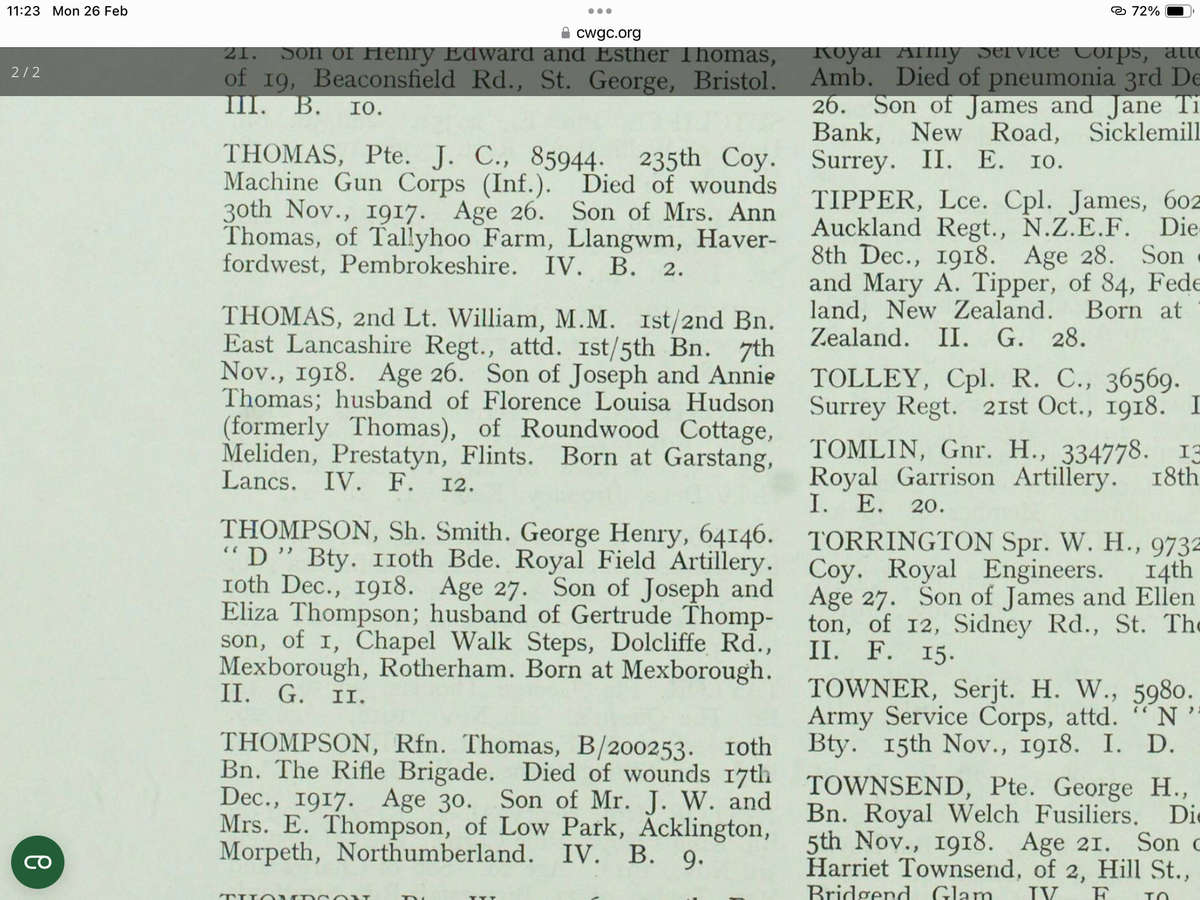 WW1 Casualty  Victory Medal to '2. LIEUT. W. THOMAS' (M.M)