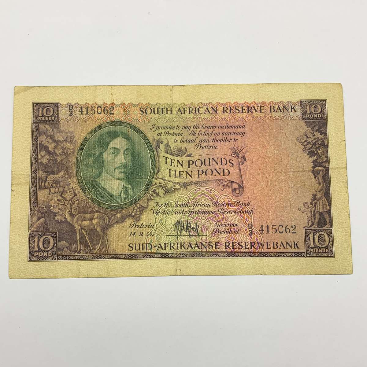 SA  'M.H. De Kock' 1955  Ten Pound 'D3' Note (VF-F)