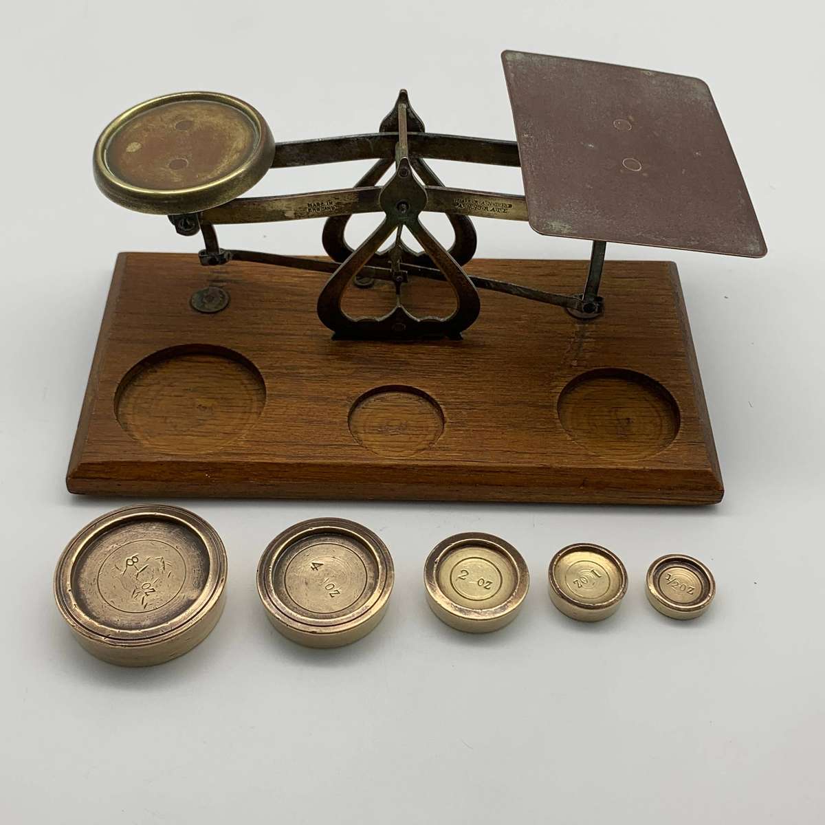 Early Wood & Brass Postal Scale with Weights