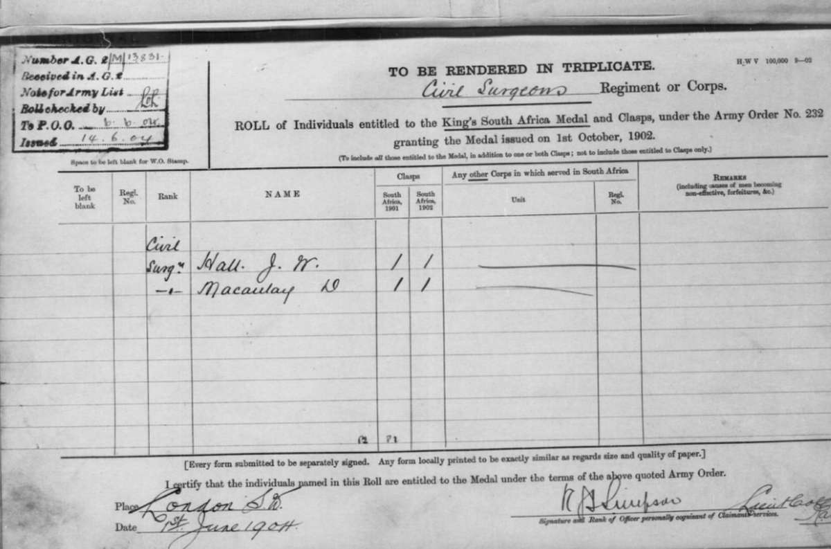 Boer War  K.S.A. Medal to 'CIV. SURGEON J.W. HALL'