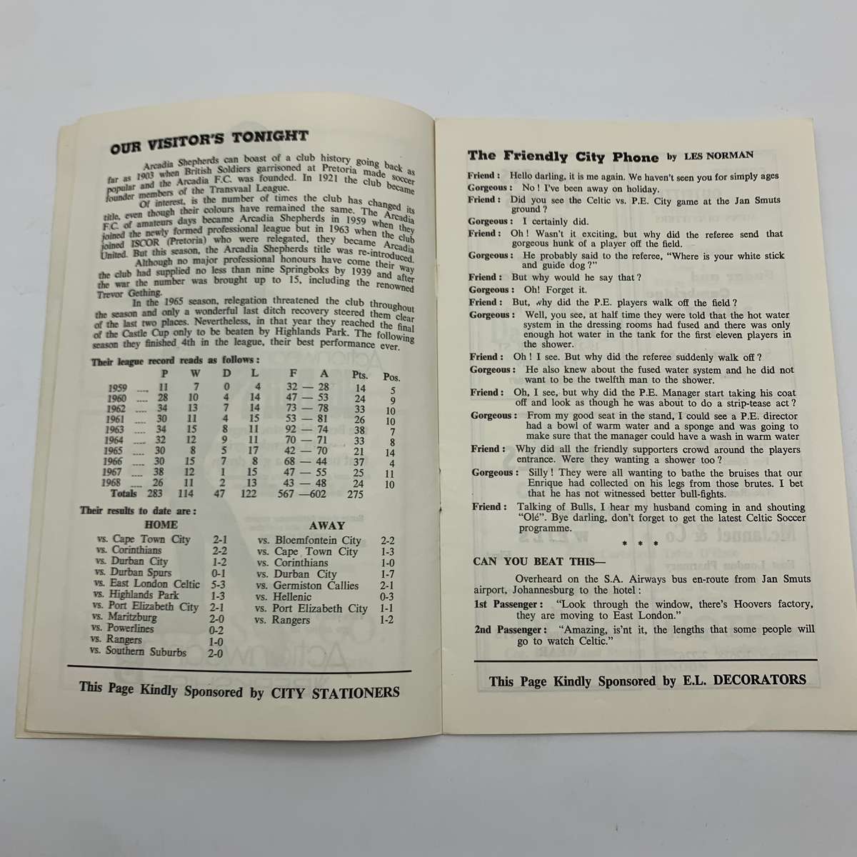 Soccer  '1969 East London Celtic vs Arcadia Shepherds' Official Programme