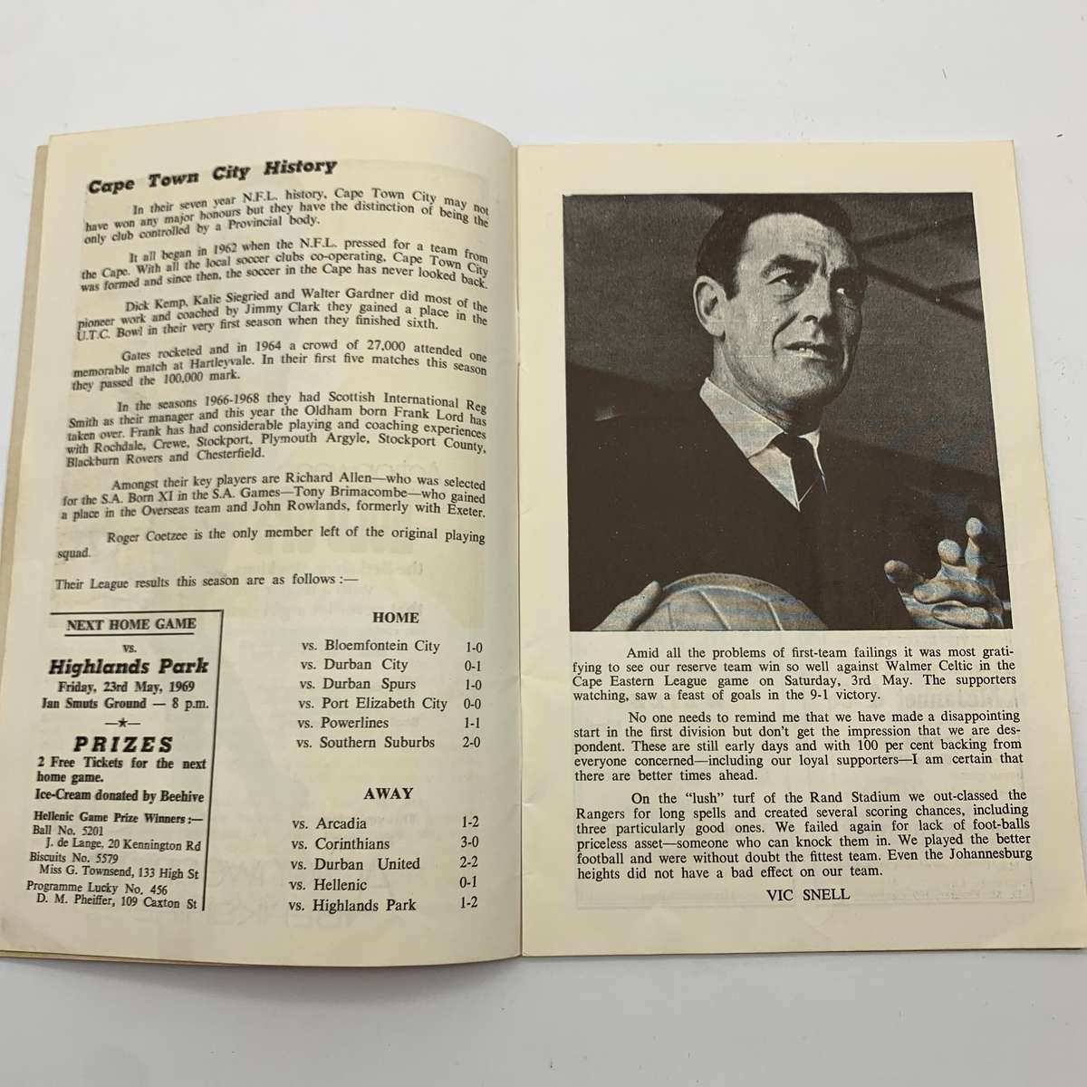 Soccer  '1969 East London Celtic vs Cape Town City' Official Programme