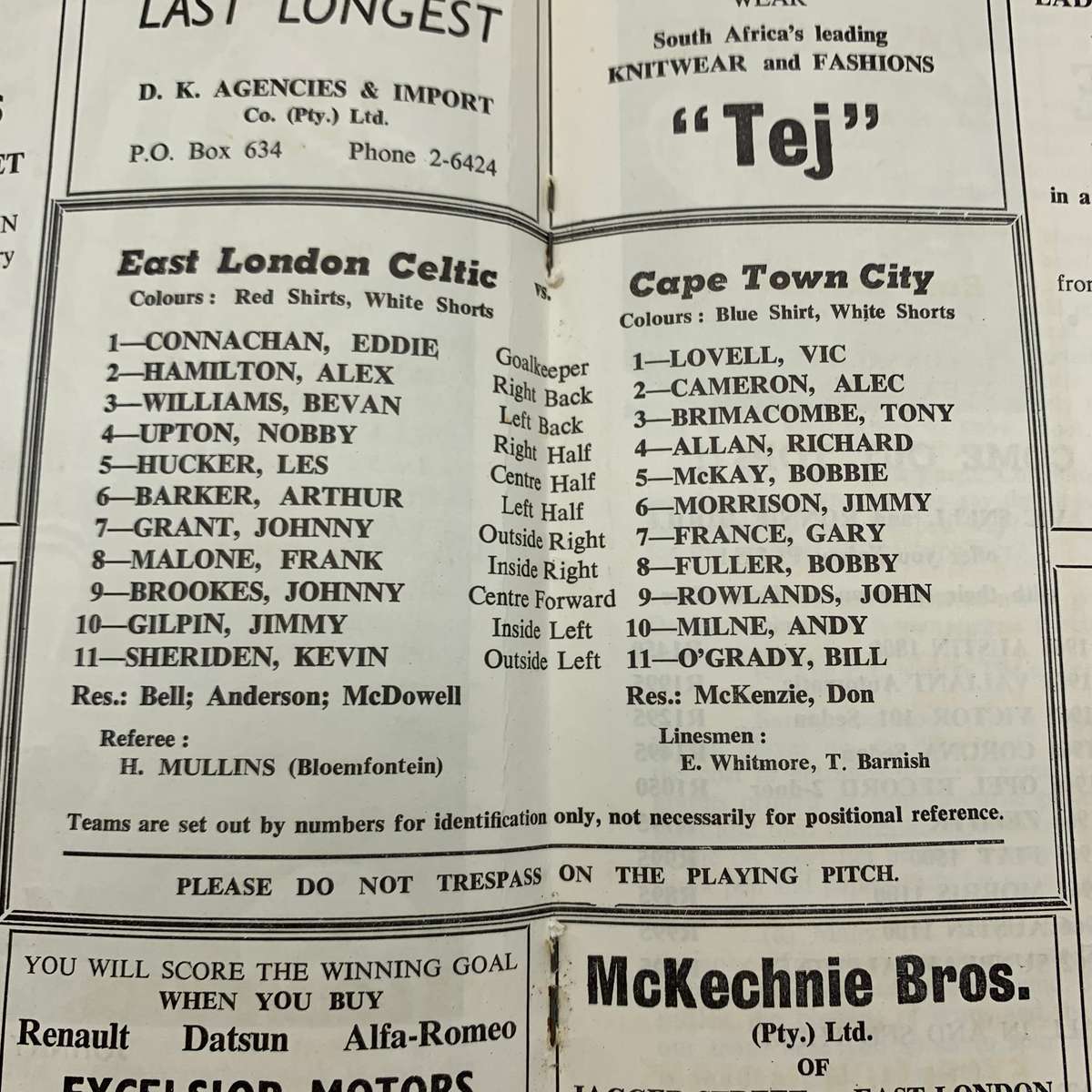 Soccer  '1969 East London Celtic vs Cape Town City' Official Programme