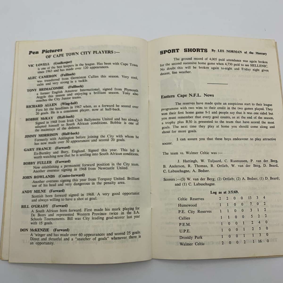 Soccer  '1969 East London Celtic vs Cape Town City' Official Programme