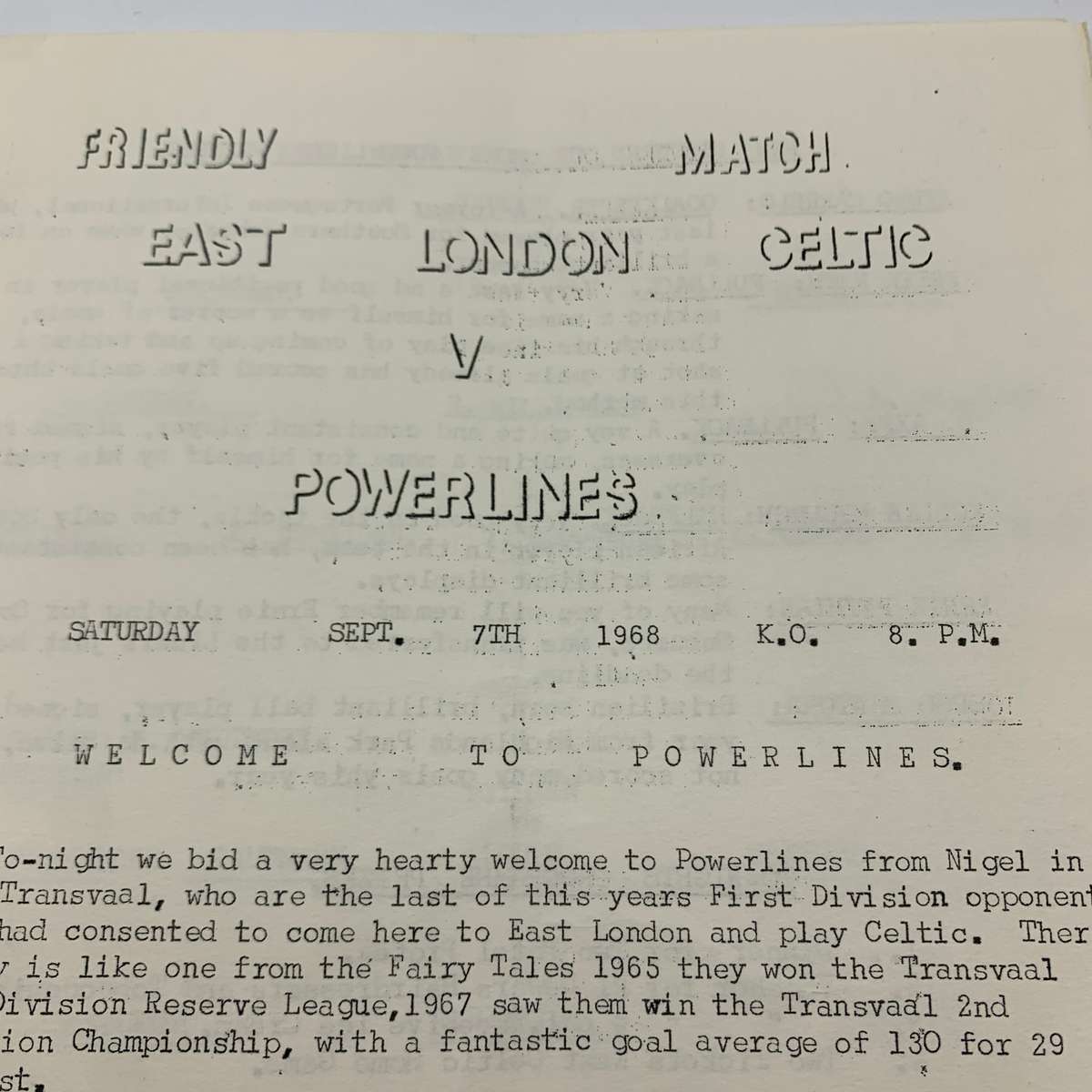 Soccer  '1968 East London Celtic vs Powerlines' Official Programme