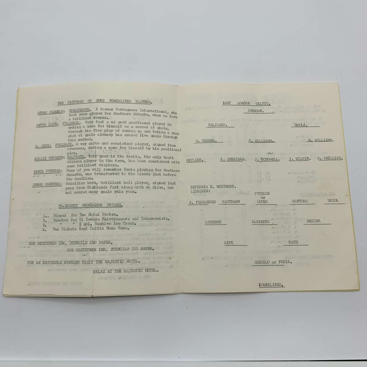 Soccer  '1968 East London Celtic vs Powerlines' Official Programme