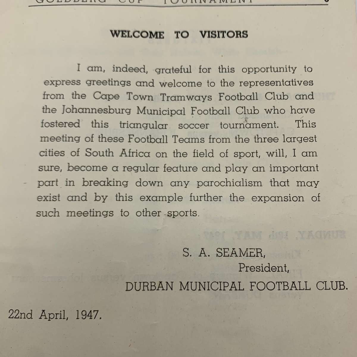 Soccer  1947 Durban 'Goldberg Cup' Official Programme