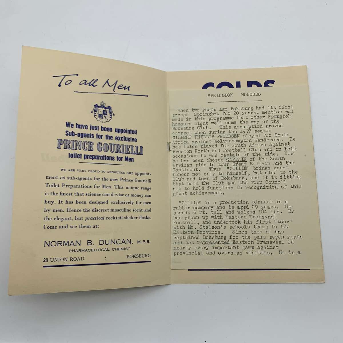 Soccer  '1958 Boksburg vs Arcadia' Official Programme