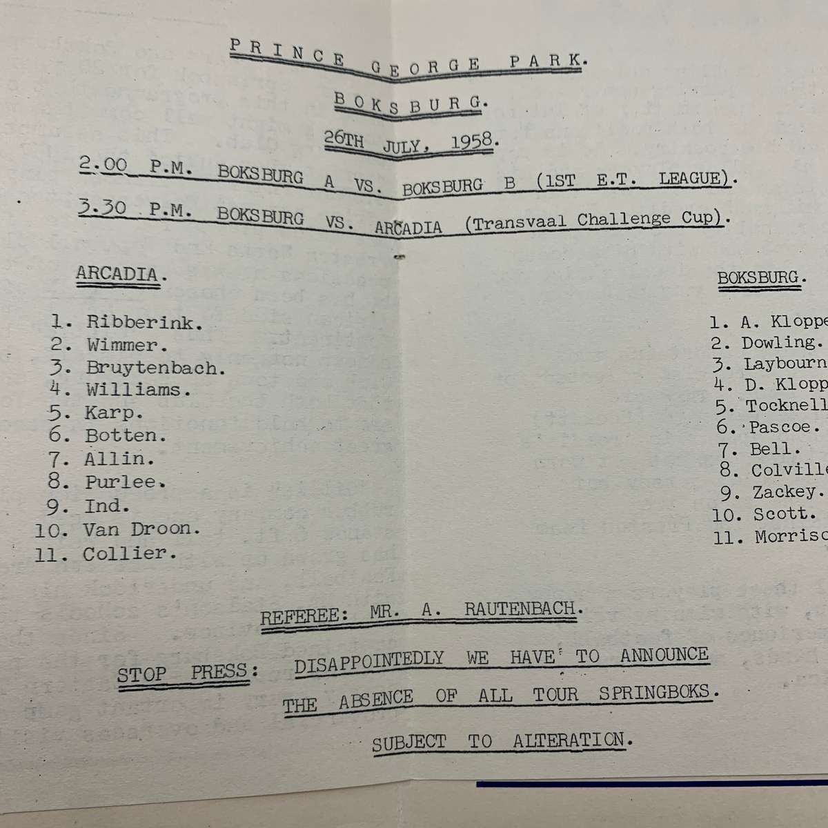 Soccer  '1958 Boksburg vs Arcadia' Official Programme