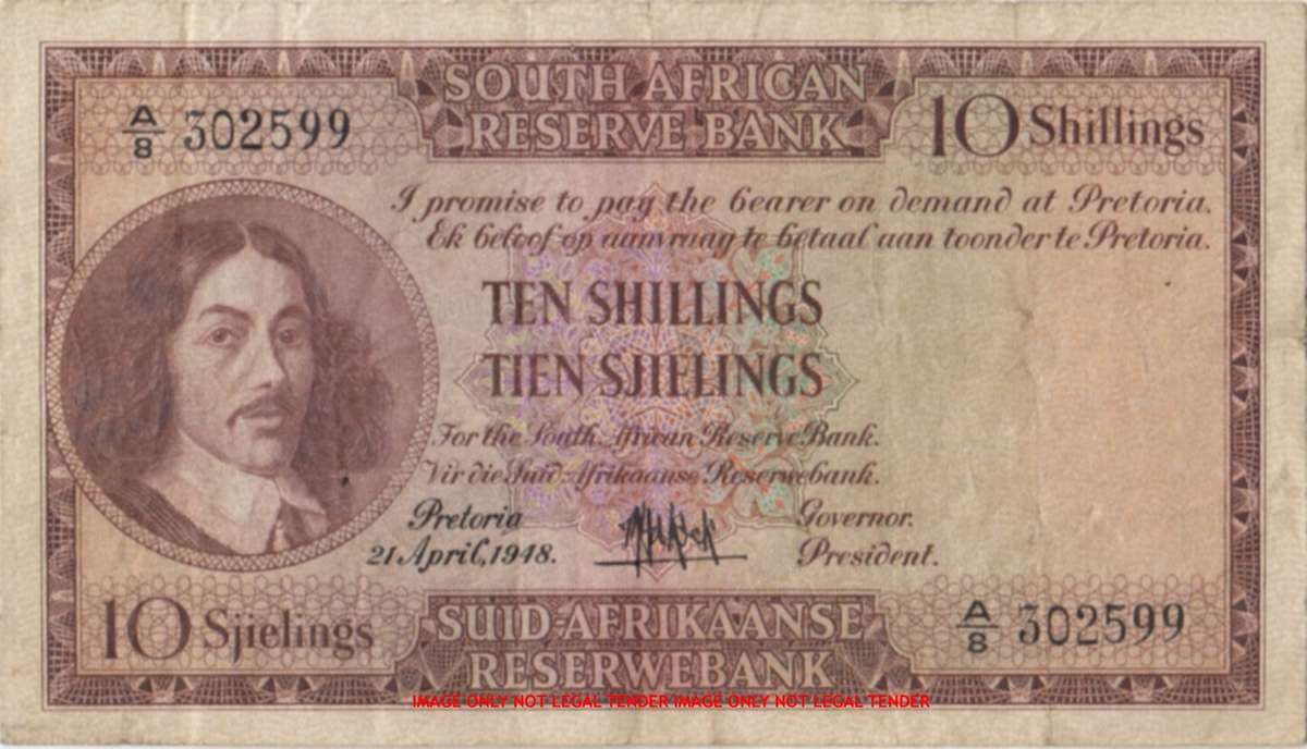 WOW    ***  MH de Kock 1948 Ten Shillings  Note  ***     A8 302599     SET068