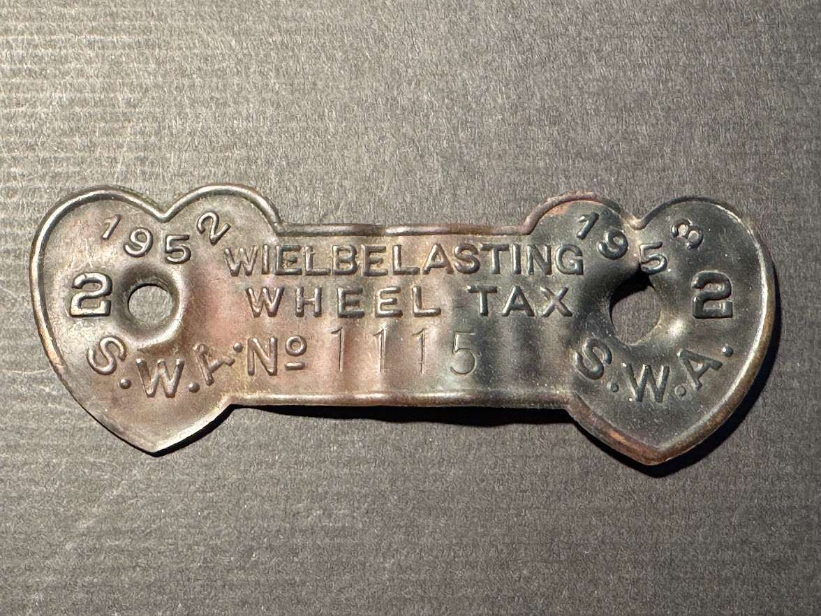 Vintage South West Africa (Namibia) 1952 1953 Wheel Tax Token