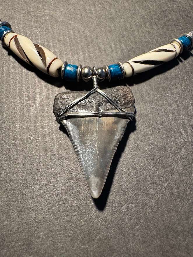 Great White FOSSIL SHARK TOOTH PENDANT NECKLACE 33 mm large size