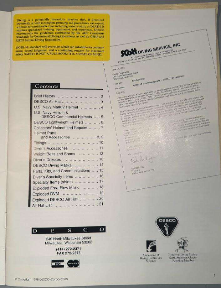 DESCO Corporation Catalogue 1998 Diving helmet manufacturer  and price list