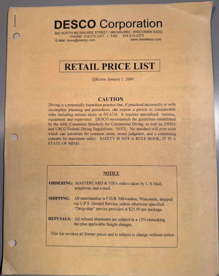 DESCO Corporation Catalogue 1998 Diving helmet manufacturer  and price list