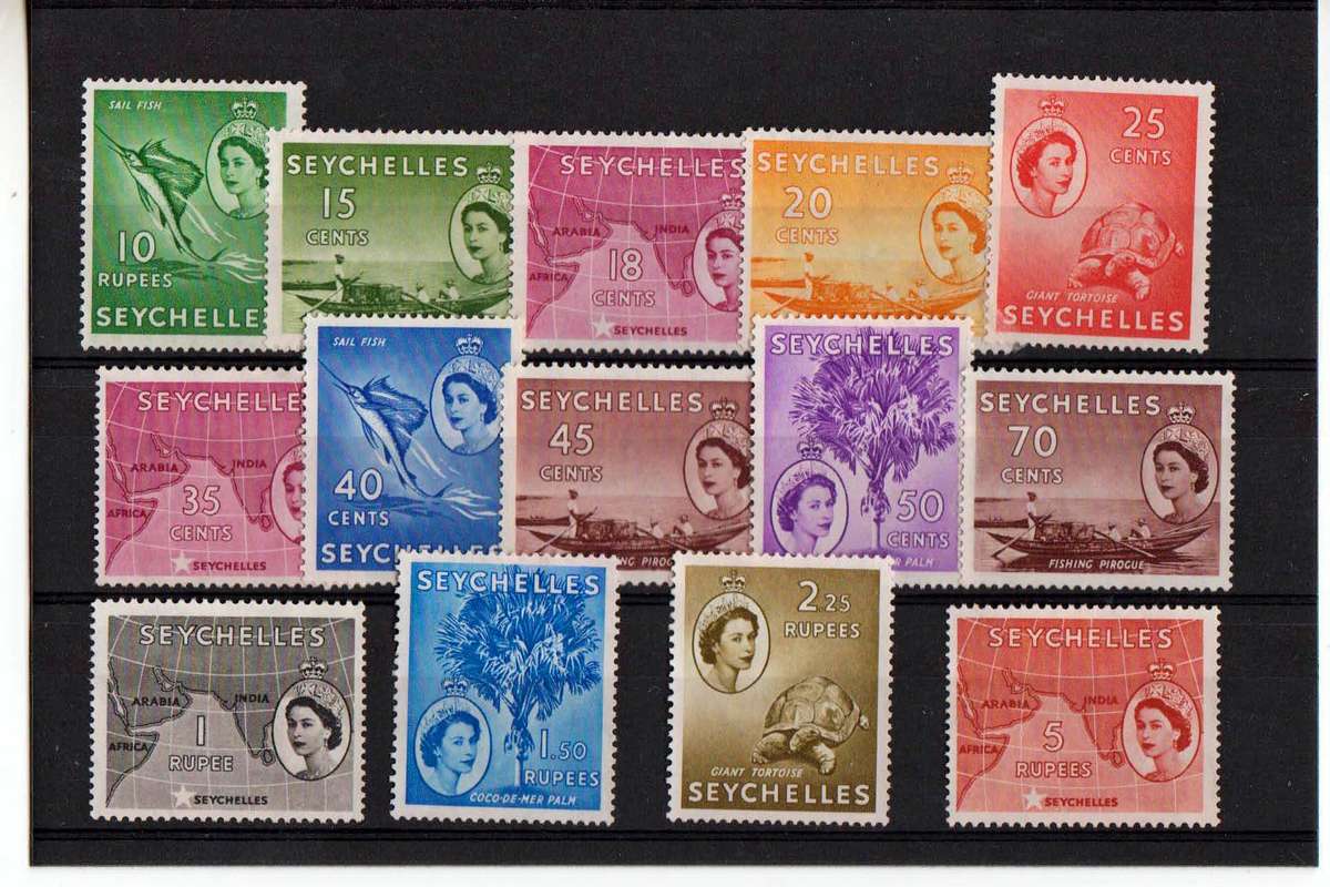 SEYCHELLES-1954 QE II-14 ASSORTED VALUES TO 5 RUPEES-(NOT A SET)-UNUSED BUT NO GUM,SELLING AS IS