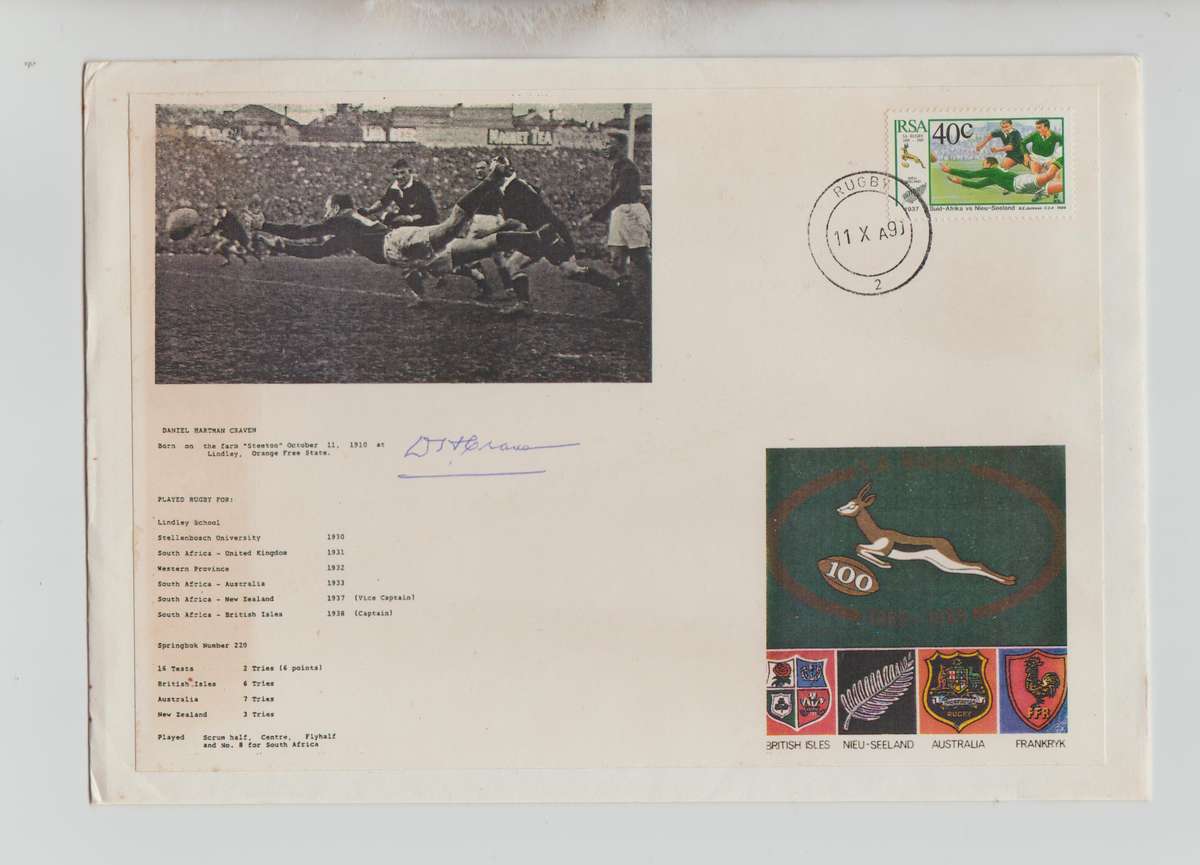 RSA SPRINGBOK RUGBY COMM FDC SIGNED DR,DANIE CRAVEN-GENUINE ORIGINAL HANDSIGNED