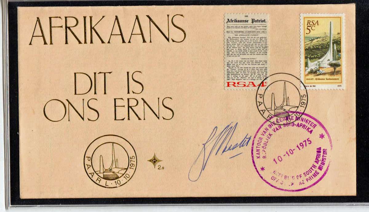 RSA-OPENING OF TAAL MONUMENT FDC SIGNED BY BJ VORSTER AS PRIME MINISTER,SPECIAL RUBBER STAMP,1ST DAY