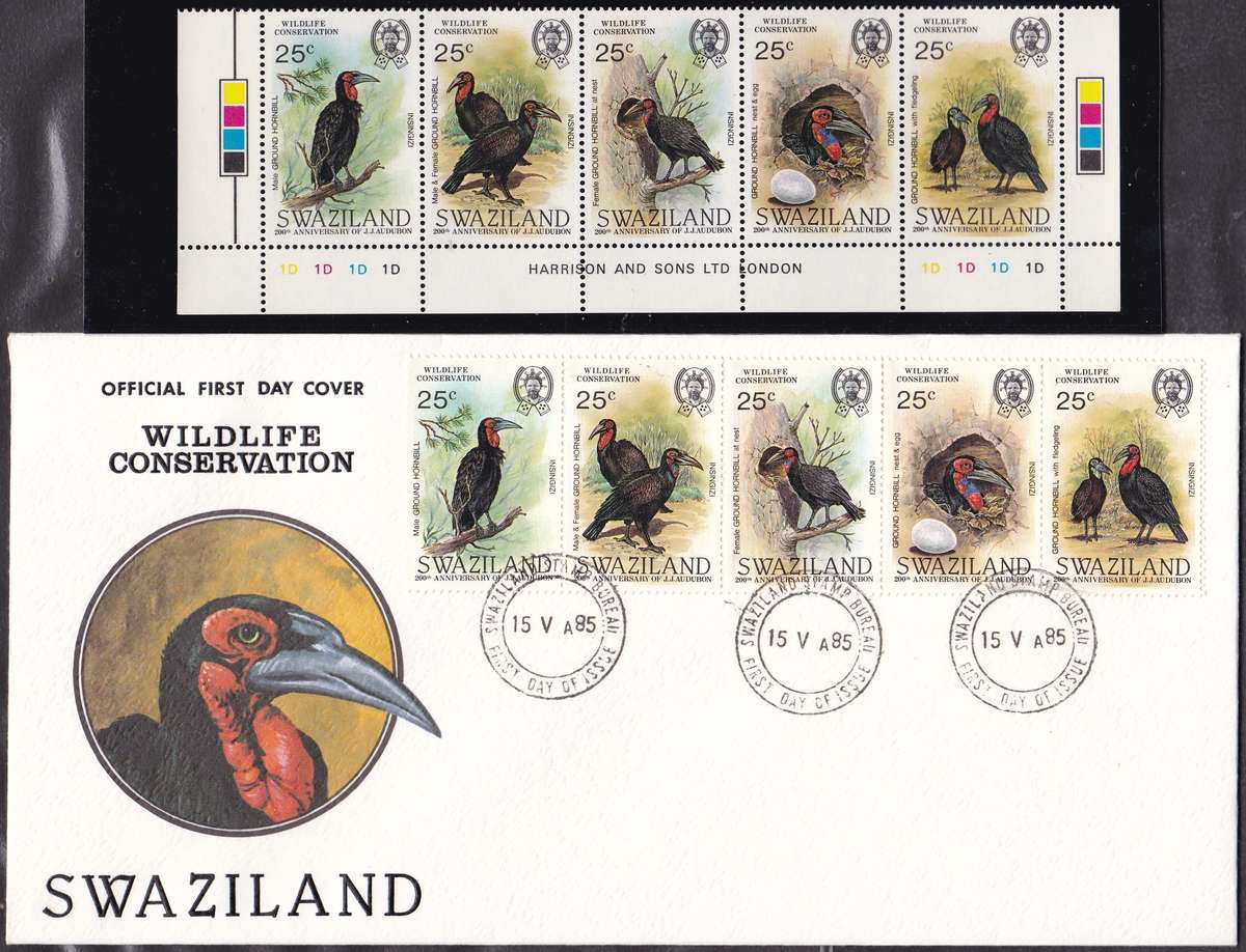 SWAZILAND - BIRDS: GROUND HORNBILL, FDC WITH U/M CONTROL STRIP OF 5, ALL FINE - CV:R580