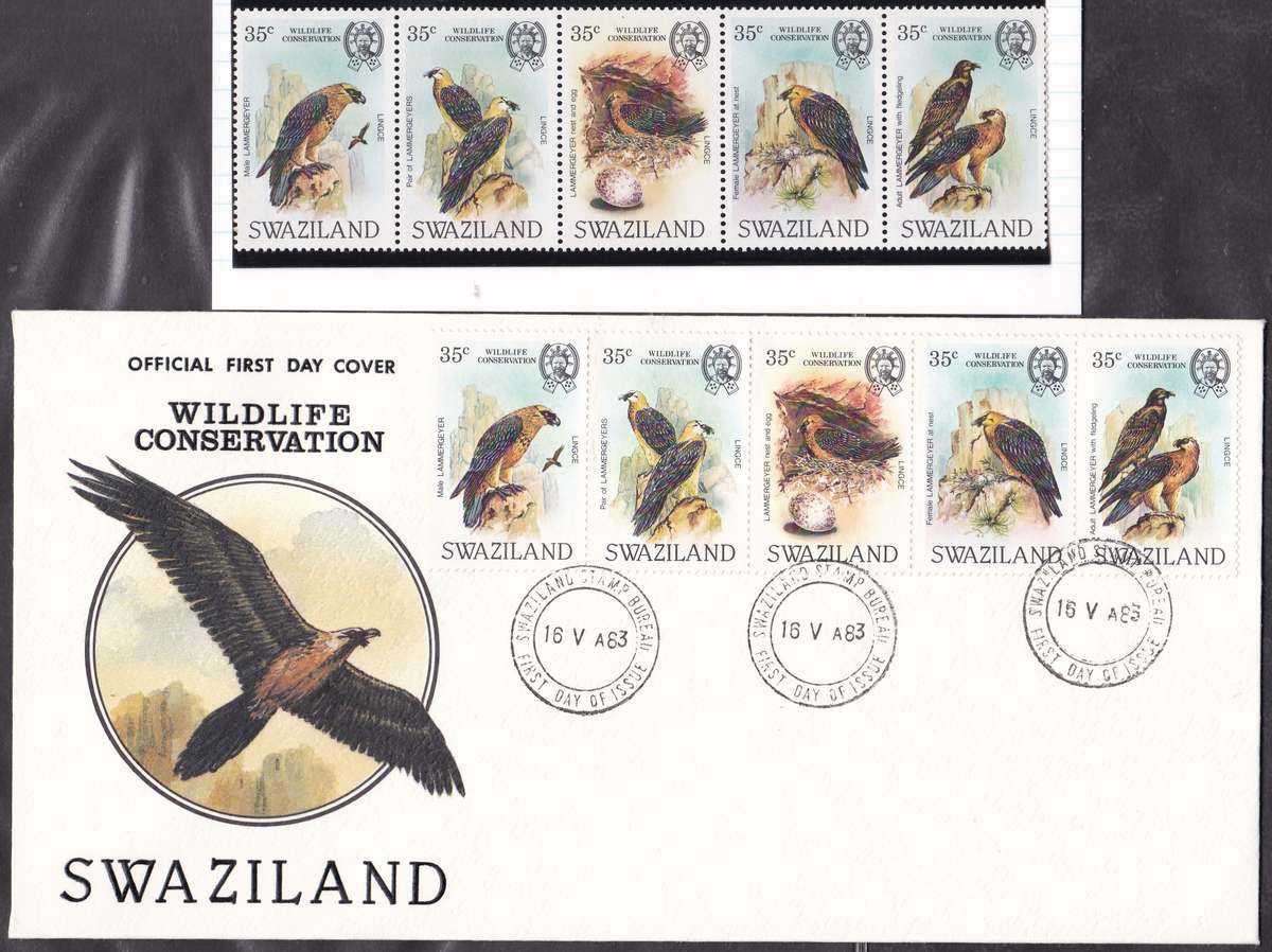SWAZILAND - 1983 BEARDED VULTURE, FDC WITH U/M STRIP OF 5, ALL FINE - CV FOR BOTH:R800