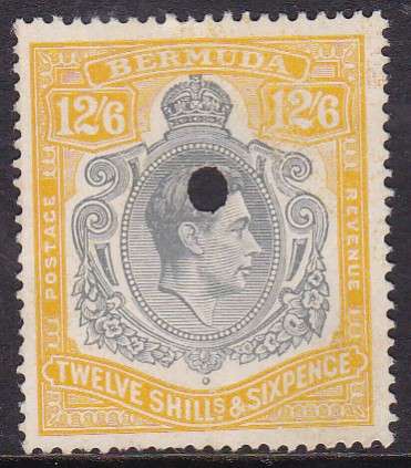 BERMUDA - KGV, 12/6 SINGLE, FINE: NO GUM + PUNCH HOLE - FISCAL USED