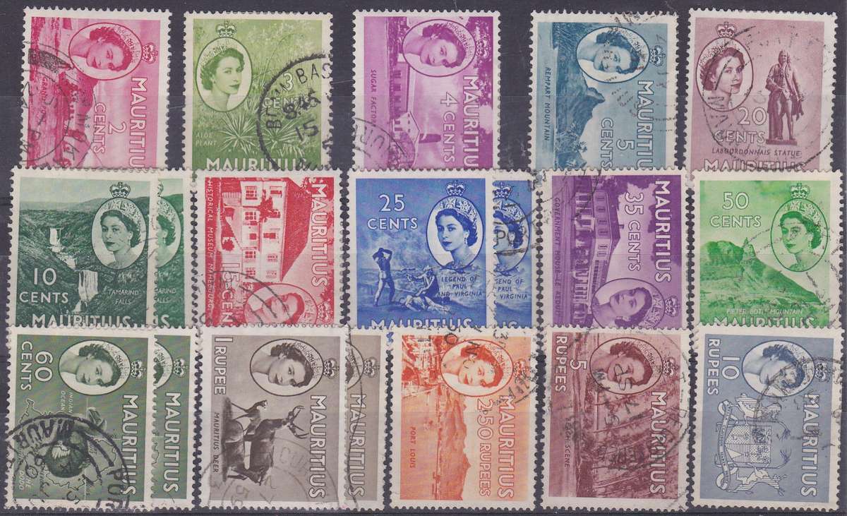 MAURITIUS - 1953 QE2, SET OF SINGLES TO 10 RUPEES (INCLUDING EXTRAS), FINE USED - CV:R510