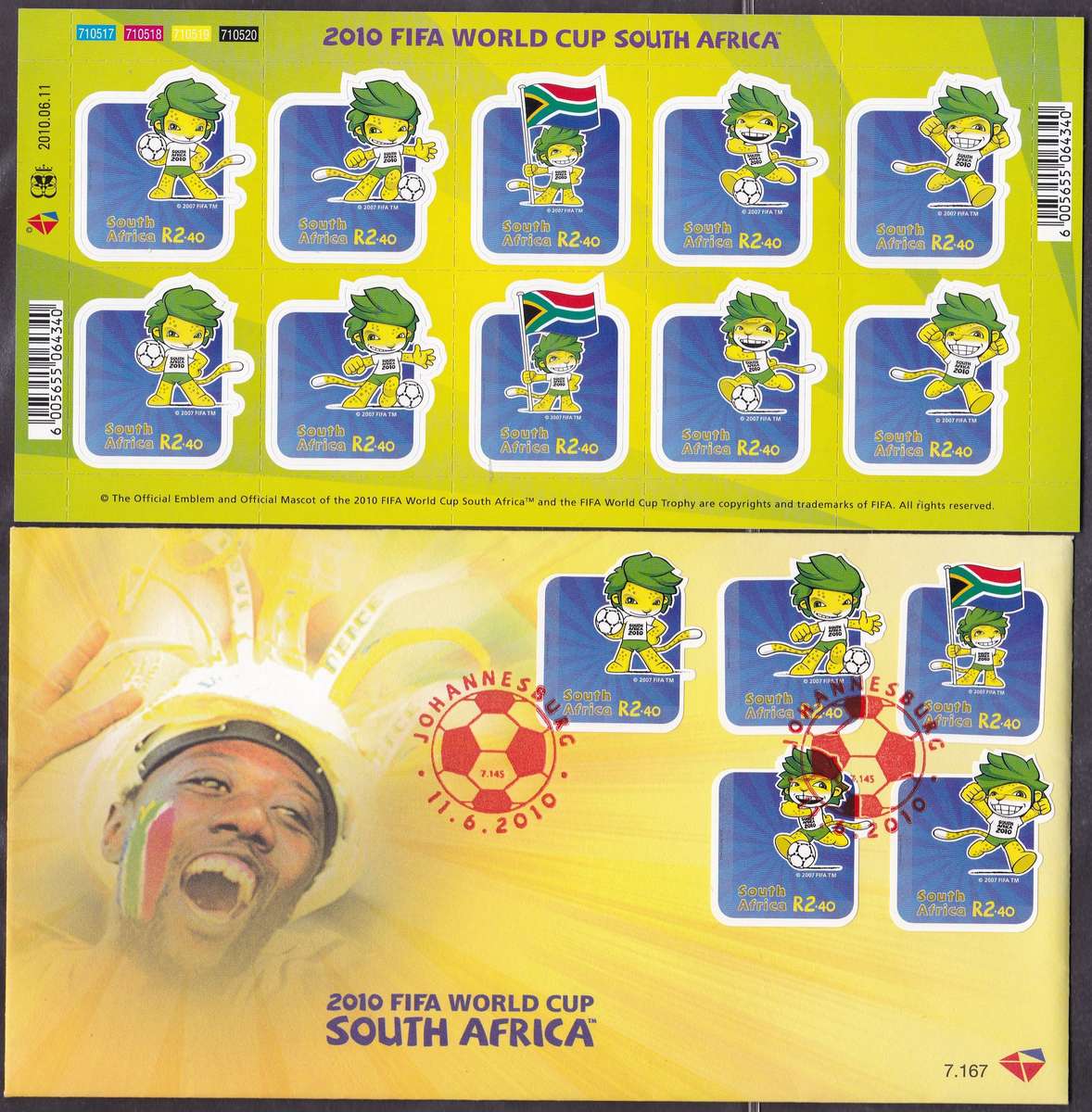 RSA - 2010 FIFA WORLD CUP SOUTH AFRICA, FDC 7.167 WITH U/M FULL SHEET - ALL FINE