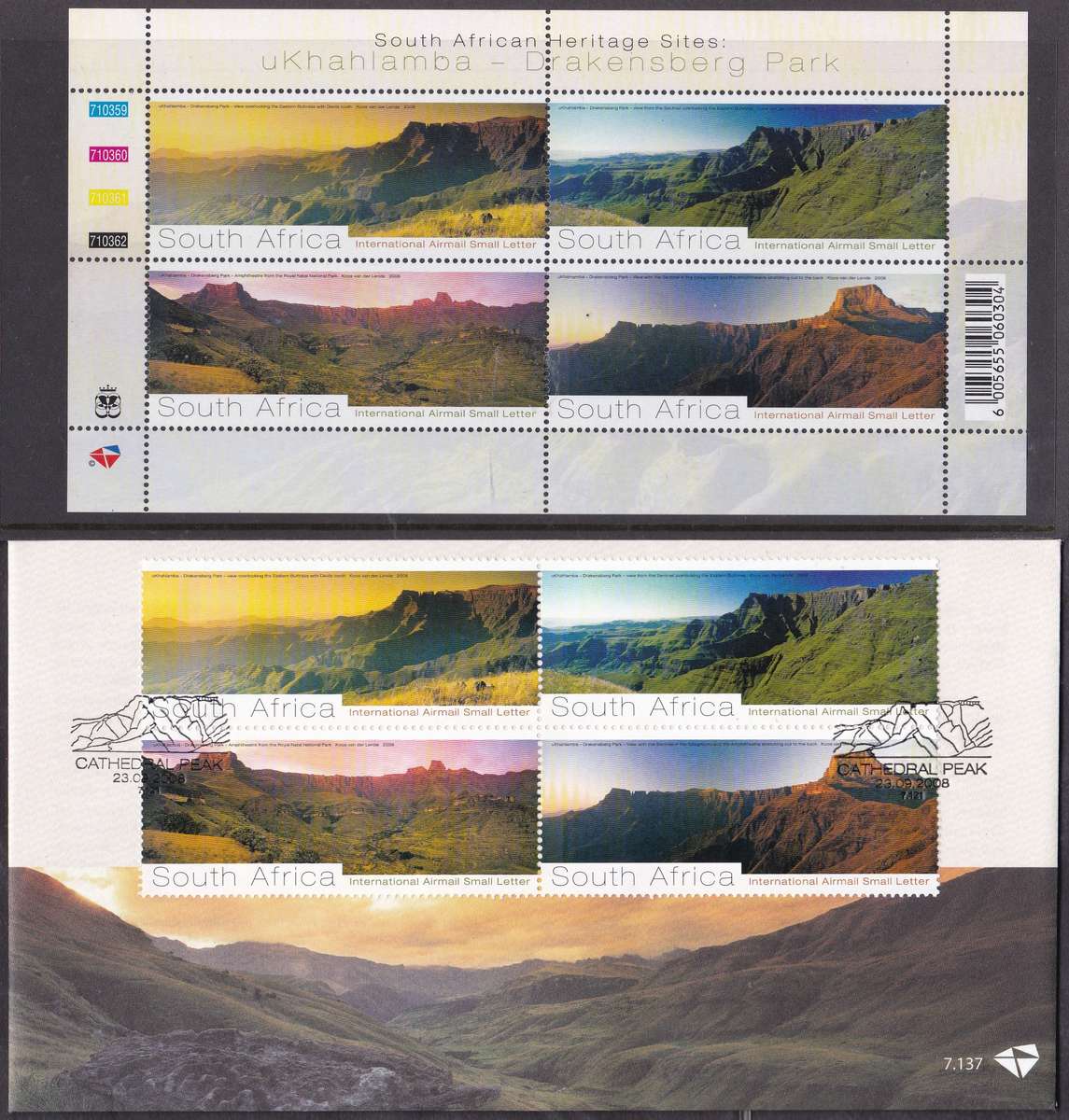 RSA - SA HERITAGE SITES: DRAKENSBERG PARK, FDC 7.137 WITH U/M FULL SHEET - ALL FINE