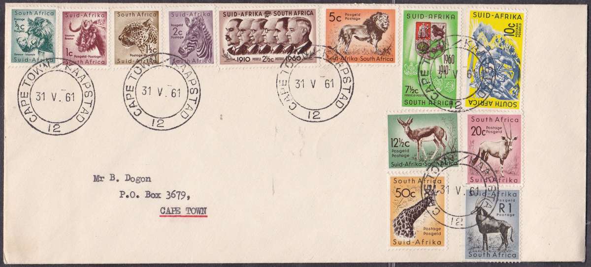 RSA - 1961 DEF ISSUE, ASSORTED SINGLES TO R1 ON COVER, CANCELLED REPUBLIC DAY 31/05/1961 - FAIR