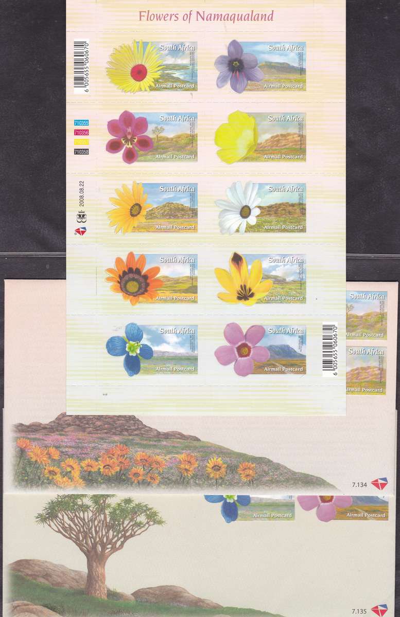 RSA - FLOWERS OF THE NAMAQUALAND, FDC SET 7.134 + 7.135 WITH U/M SELF-ADHESIVE FULL SHEET - ALL FINE