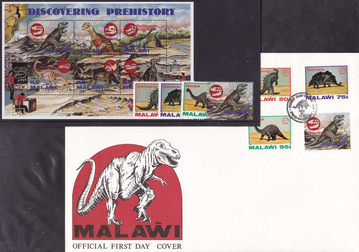 MALAWI - DISCOVERING PRE-HISTORY, OFFICAL FDC WITH U/M MINISHEET + U/M SET OF 4 SINGLES - ALL FINE
