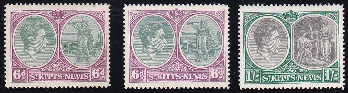 ST. KITTS & NEVIS - 1938 KGVI, 2 X 6D SHADES + 1 X 1/ SINGLES, FINE LIGHTLY M/M - CV:R1500