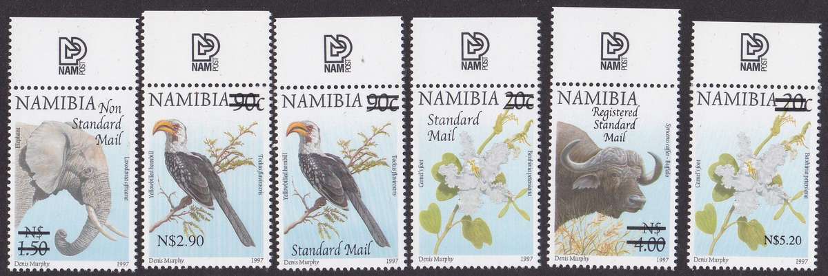 NAMIBIA - 2007 SURCHARGES ON 1997 DEF ISSUE, 6 X ASSORTED FINE U/M SINGLES - CV:R1000