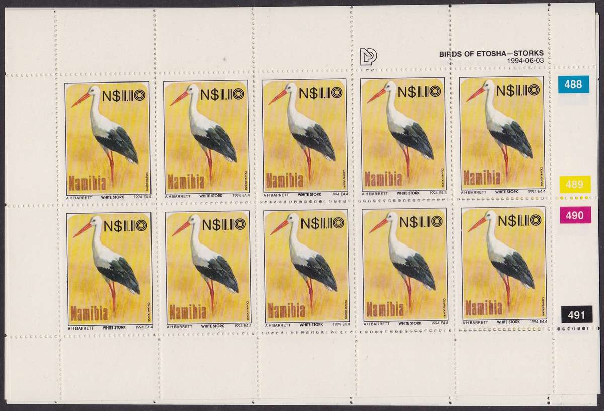 NAMIBIA - BIRDS OF ETOSHA (STORKS), SET OF 4 FULL SHEETS - FINE U/M