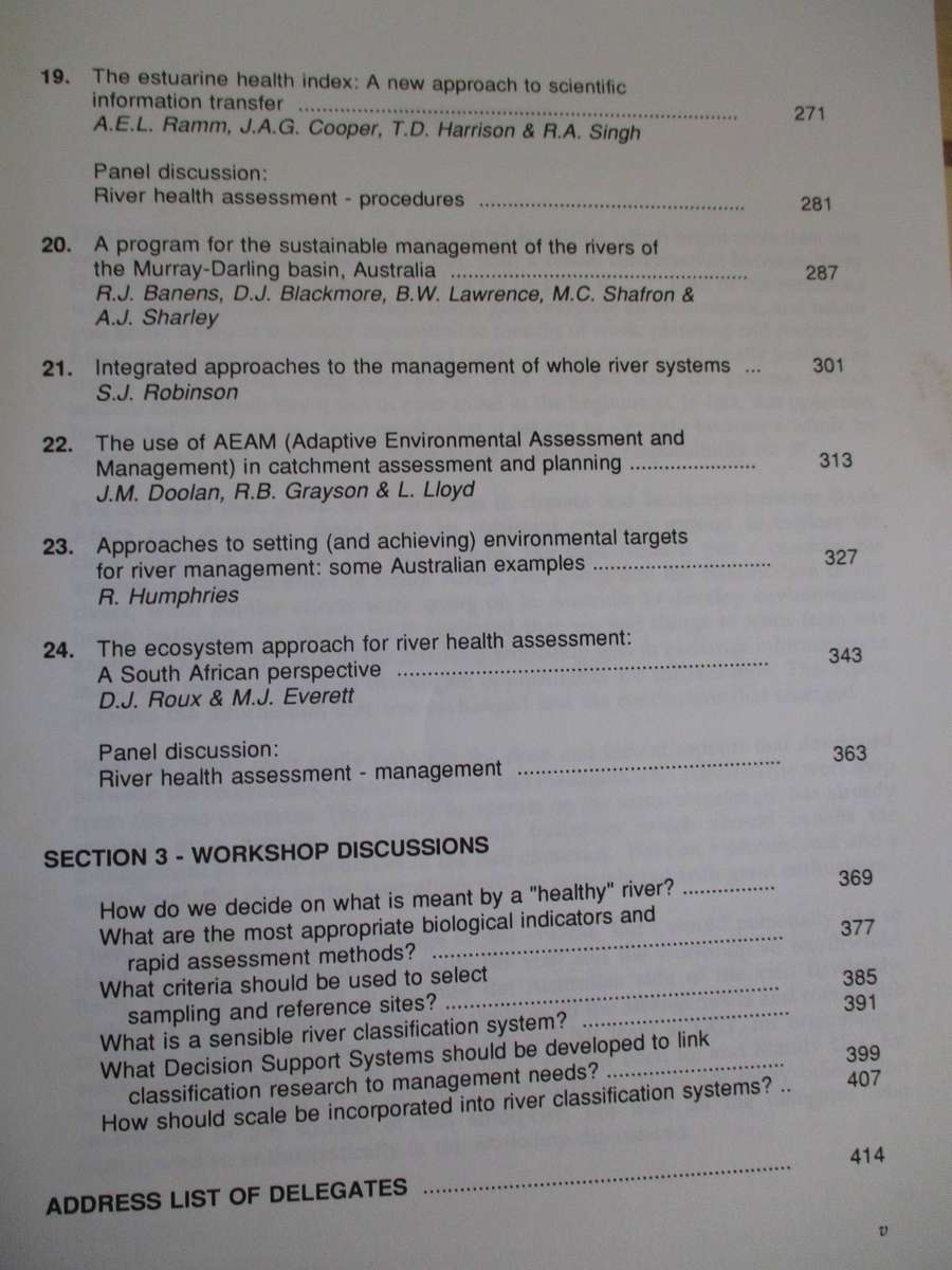 Classification of rivers and environmental health indicators - A Joint SA/ Australian Workshop