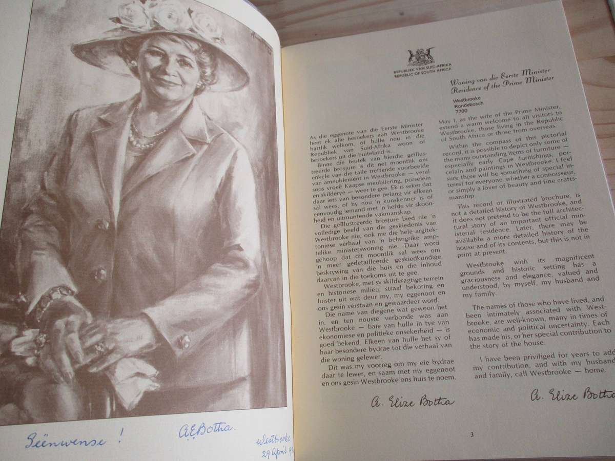 Westbrooke 1982 - Woning van die Eerste Minister. GETEKEN deur Min. PW Botha asook Mev. E Botha