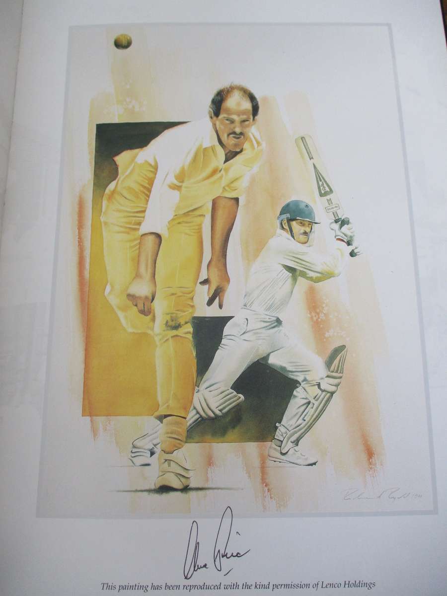 SIGNED BY ARTIST AND ALL THE CRICKETERS PAINTED IN THE ALBUM.  A Brush With Cricket.  Richie Ryall