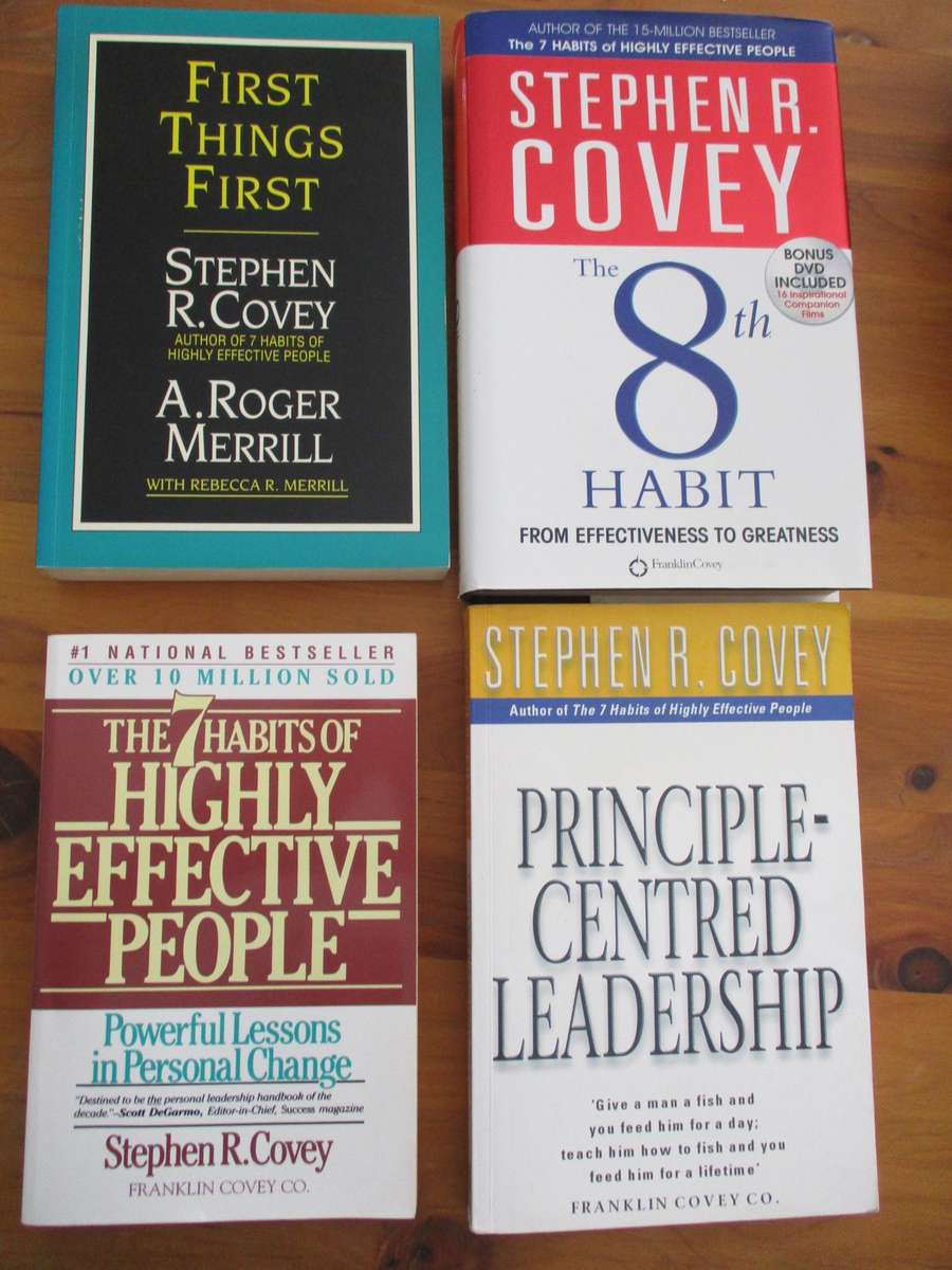 4 Steven Covey books -8th Habit, First Things First, The 7 Habits... & Principle-Centred Leadership