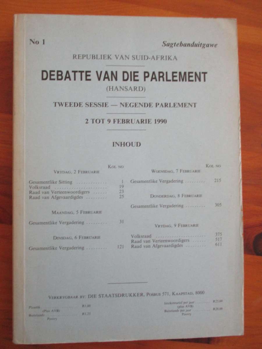Debatte van die Parlement 2-9 Februarie 1990 Tweede Sessie - Negende Parlament