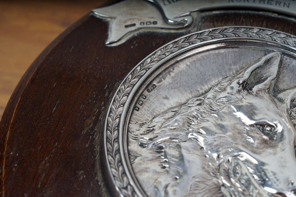 Vintage wood & sterling silver Alsatian league & club of Great Britain plaque