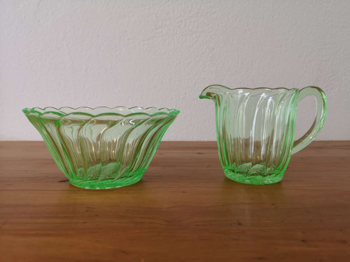Two vintage art deco Uranium glass by Bagley