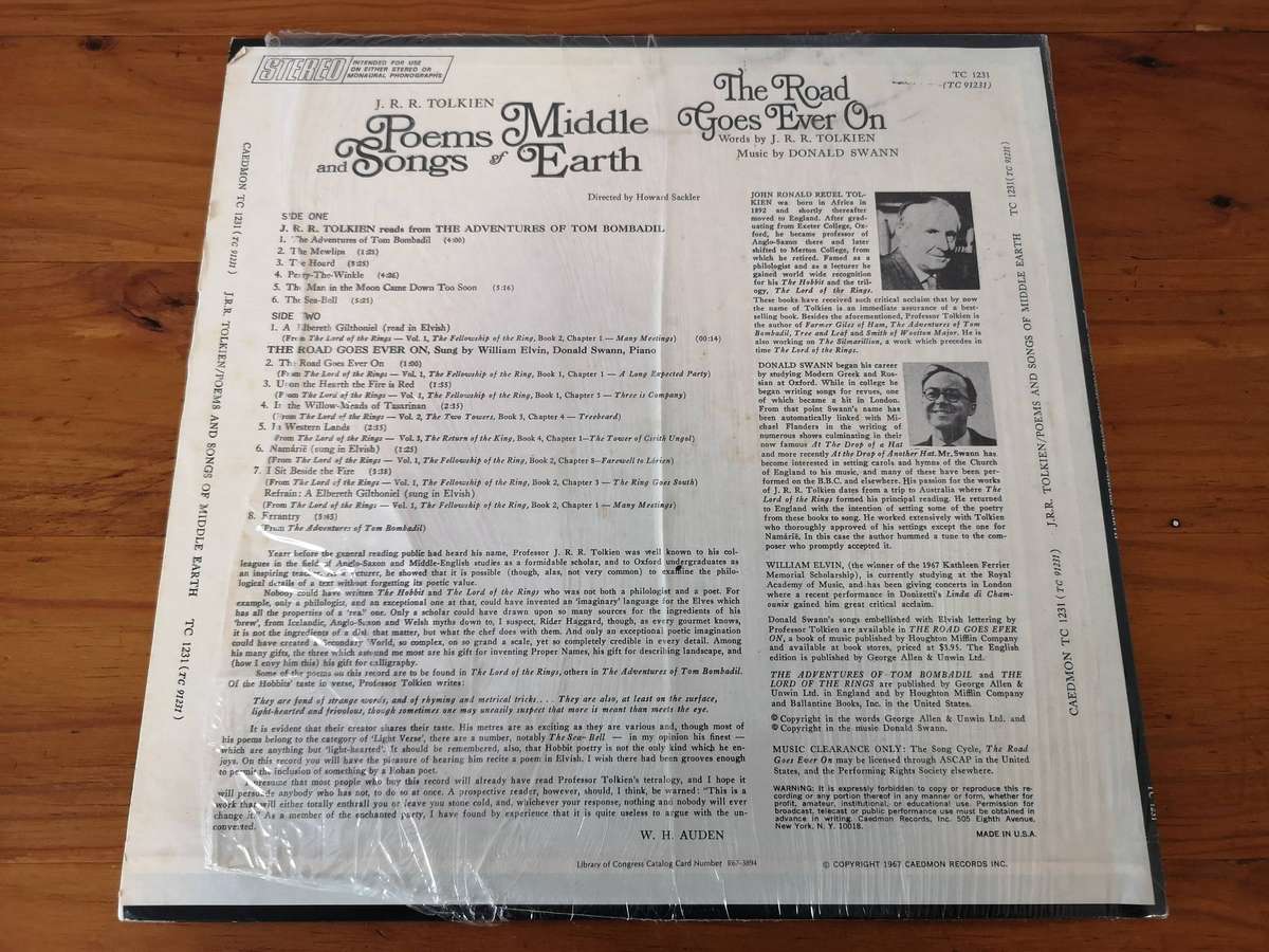 J.R.R. Tolkien  Poems And Songs Of Middle Earth Vinyl Record