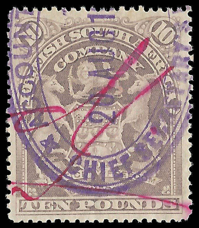 B.S.A.C. Ten Pound fiscally used. Cat.value for postally used R55 000-00.